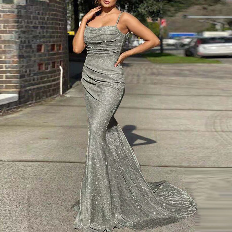 

Летнее Шикарное облегающее платье-годе с открытой спиной, пикантное однотонное блестящее платье без рукавов, элегантное Плиссированное коктейльное платье на бретелях-спагетти