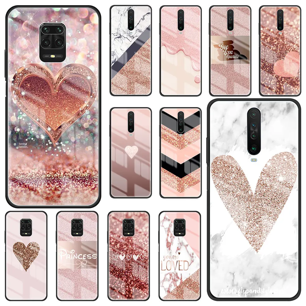 

Gold Rose Glitter Love Tempered Glass Phone Case for Redmi Note 10 11 Pro 11S 10S Note 9 9T 9S 9A 9C 8 8T 8A 7 6 Hard Cover Bags