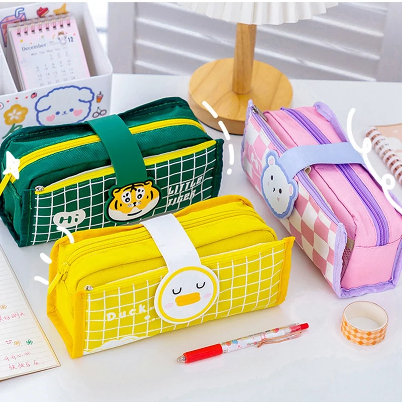 

Student Pencil Case Simple Plaid Pencil Case Multi Layer Large Capacity Cosmetic Travel Storage Bag Stationary Pen Storage Bag