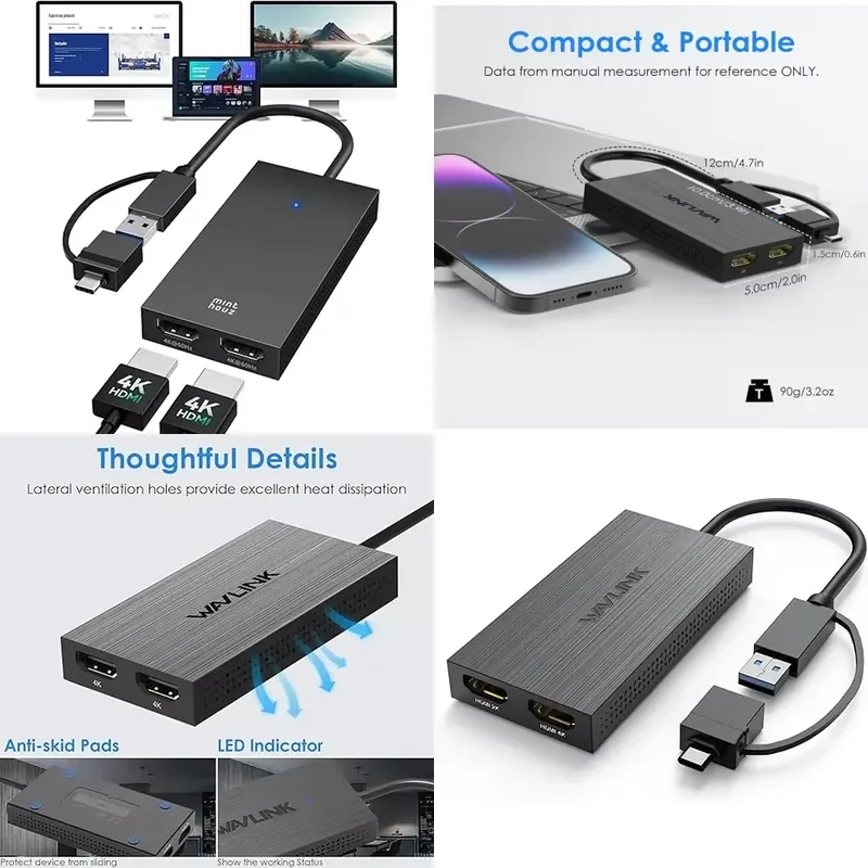 Фото Адаптер FJGEAR Dual 4K DisplayLink |   USB-C/3.0 адаптер для видеокарты с 2 портами для дублирования и расширения экрана Ultra HD №1