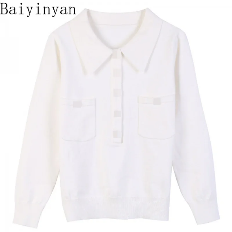 

Autumn and Winter New Solid Color Buttons Pocket Stitching Lapel Long Sleeve Temperament Socialite Slim Fit Knitted Pullover