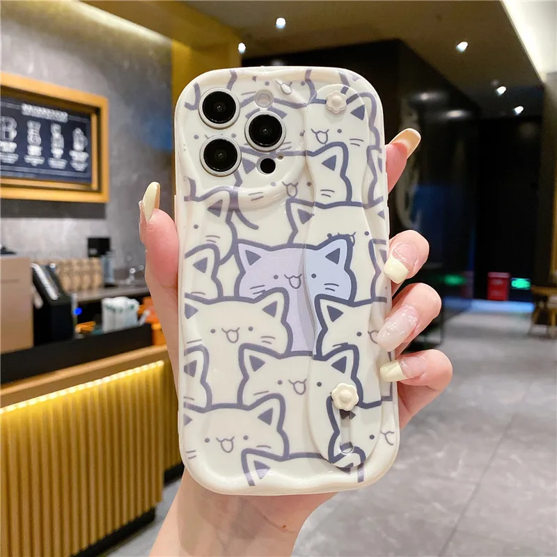 Чехол-держатель для телефона Wave Shape Cute Cat Samsung S24 Ultra S23 FE S22 S21+ A55 15 25 35 A54 14 24 34 13 33 53 73 52