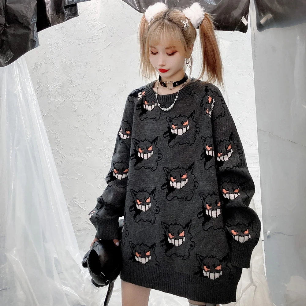 

Japanese Streetwear Harajuku Cartoon Knitted Fashion Long Sleeve Kawaii Sweater Women's Oversized Plus Size Dark Aesthetic