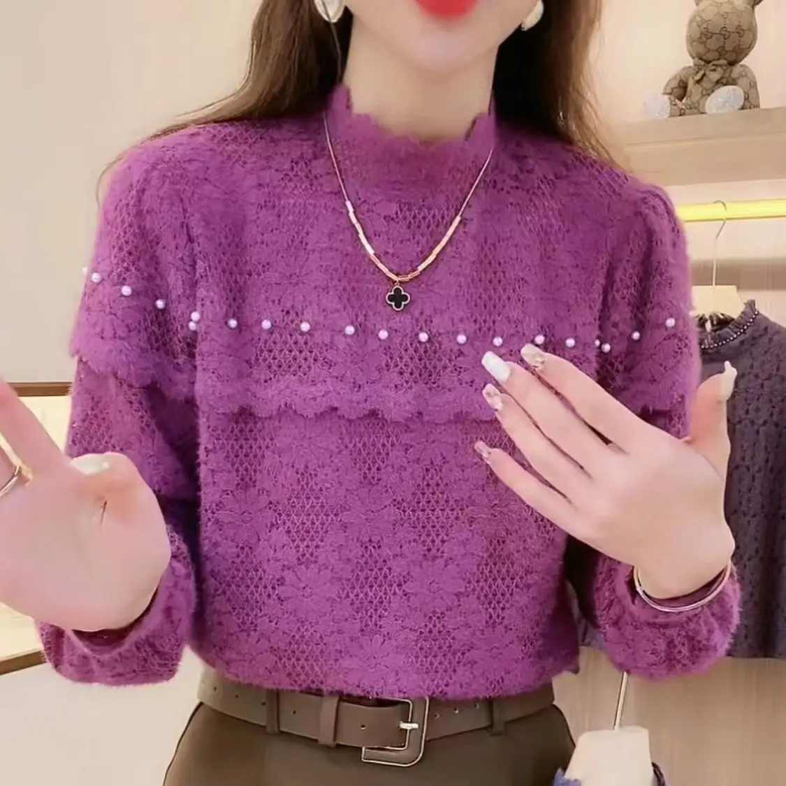 

Lace Half Height Collar Plush Thicken Long Sleeve Fairycore Style Thick Hollow Out Pearl Embellishment Pullovers Puff Sleeve