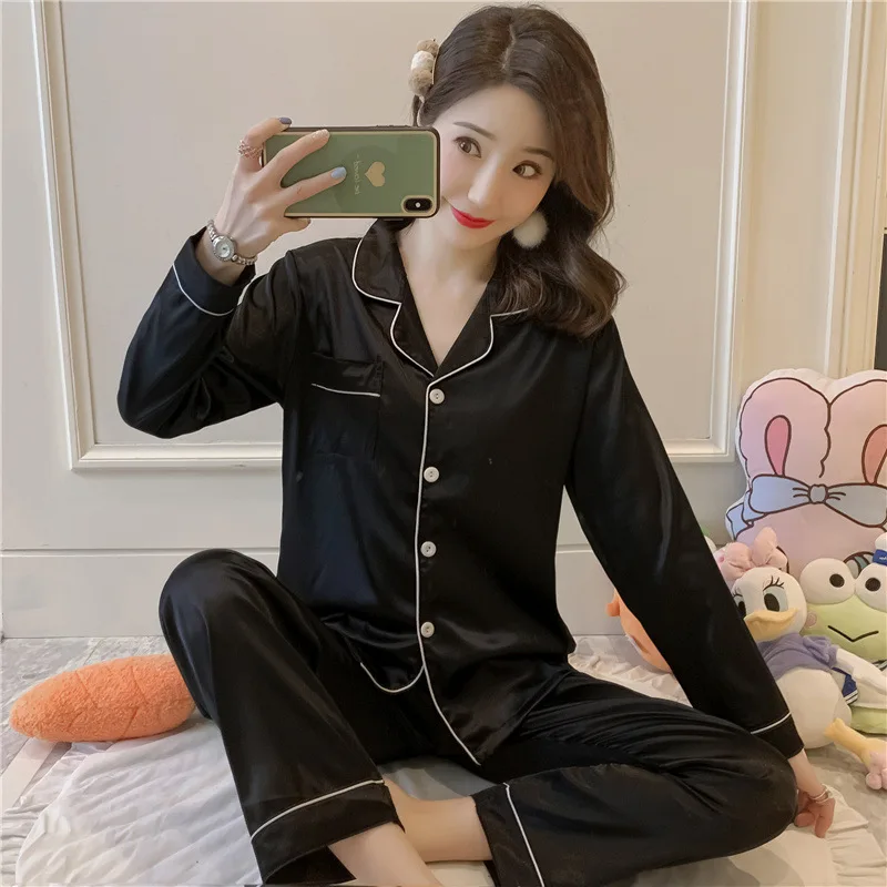 Spring and autumn new ladies imitation silk sexy long-sleeved cardigan pajamas plus size girlfriends home service two-piece suit