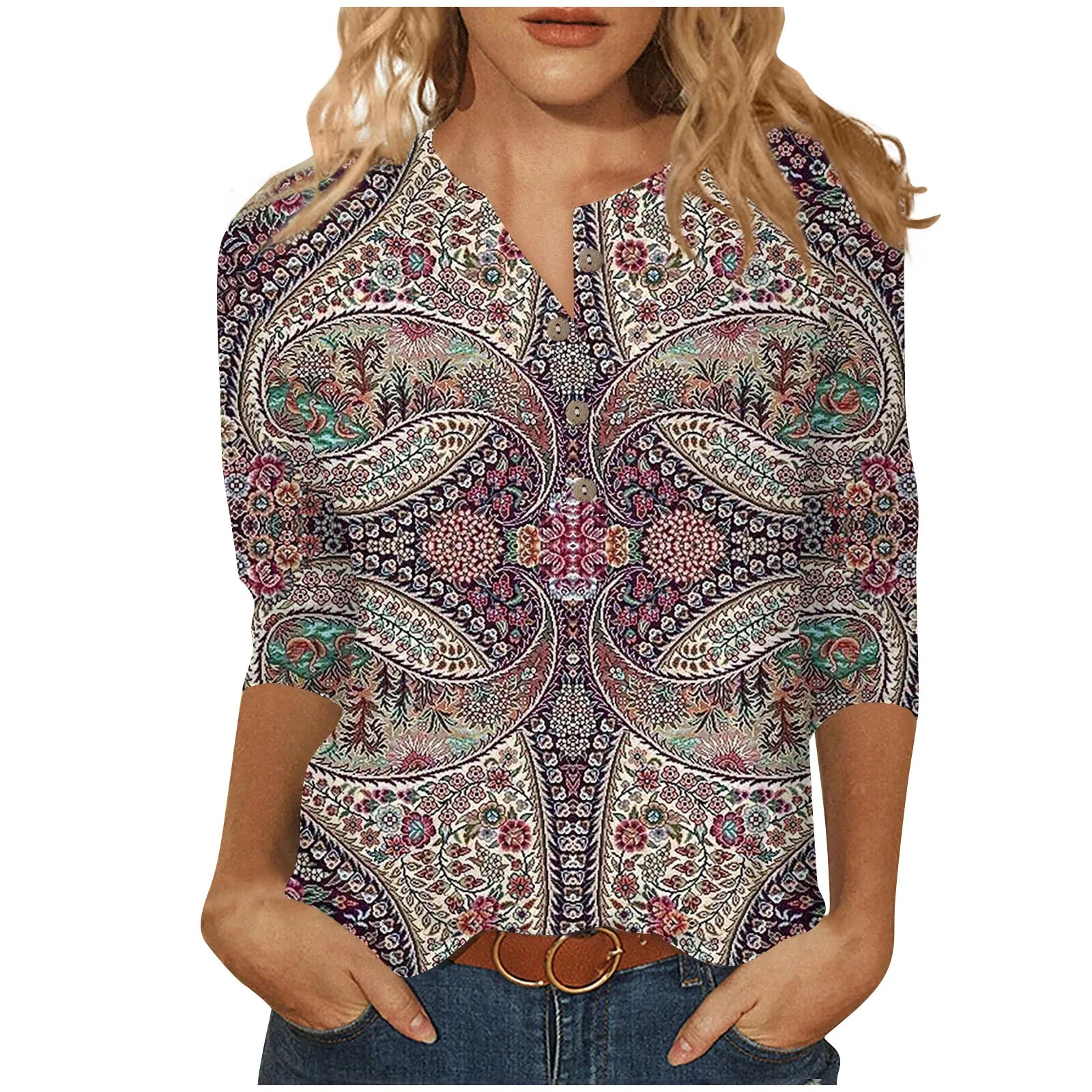 

Women's New Button Collar Fashion Print 3/4 Sleeves Ethnic Print T-Shirt Slim Top Casual Tops