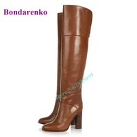 brown round toe womens boots over the knee chunky high heel solid leather fashion women shoes party dress zipper winter boots