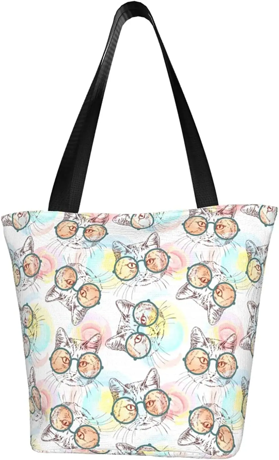 

Cute Colorful Cartoon Cat With Glasses Fashion Shoulder Tote Bag Handle Handbag For Women Work School Travel Shopping Casual