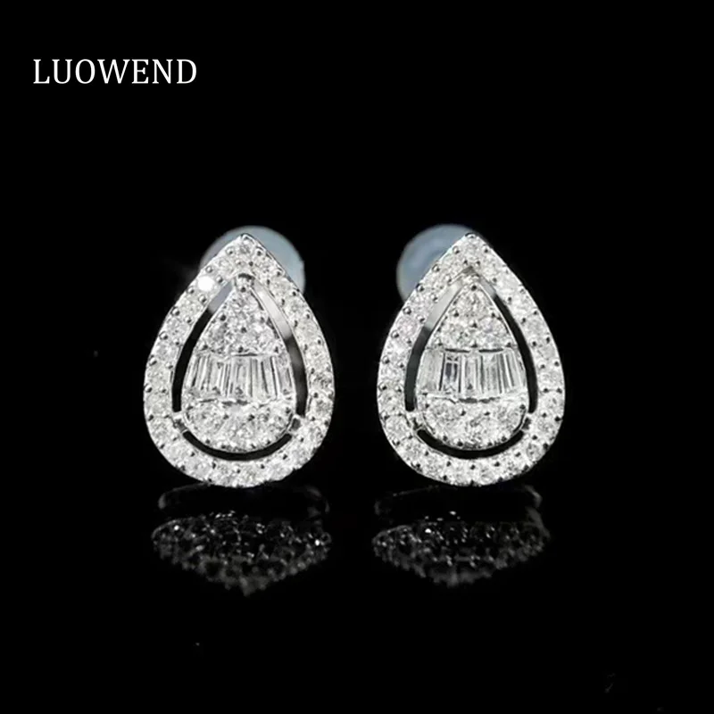 

LUOWEND 100% 18K White Gold Earrings 0.5 CT Certified Stud Earrings Round Real Natural Diamond Earring Halo Water Drop Design