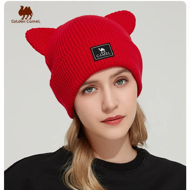 

Golden Camel Winter Knitted Hats for Women Men Warm Wool Cap Fashion Pile Hiking Hat Outdoor Cold-proof Elastic Cat Ear Caps
