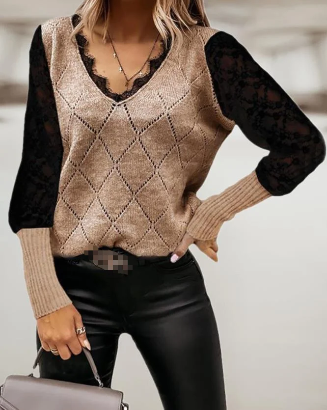 

2023 Autumn New Fashion Hollow Out Color Contrast Women Knitted Pullover V-Neck Long Sleeve Casual Female Sweater
