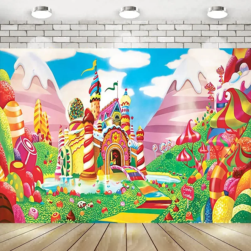 

Lollipop Candyland Backdrop Sweet Cartoon Castle Rainbow Party Decoration Birthday Baby Shower Banner Photography Background