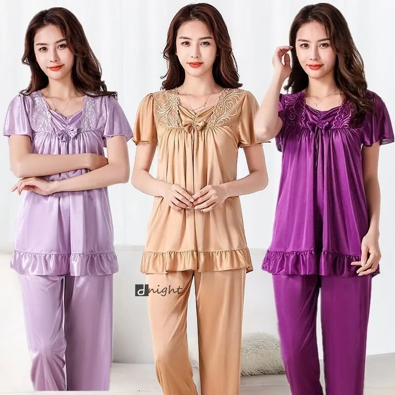 Women Home Clothing Big Nightshirt Shorts Summer Satin Silk Trousers Suit Women Middle-aged Lace Large 5XL Pajamas Bedroom Set