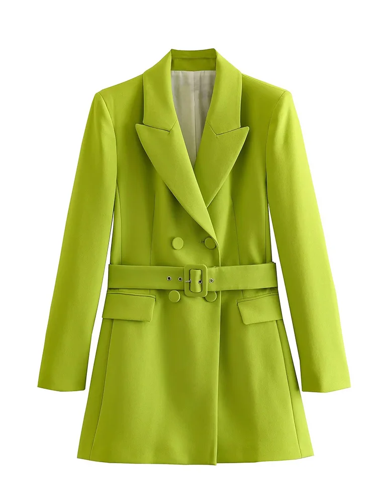 

2023 New Mid Long Blazer Women Double Breasted Belt Female jacket Elegant Office Lady Blazer Women Long Sleeve Straight Blazers