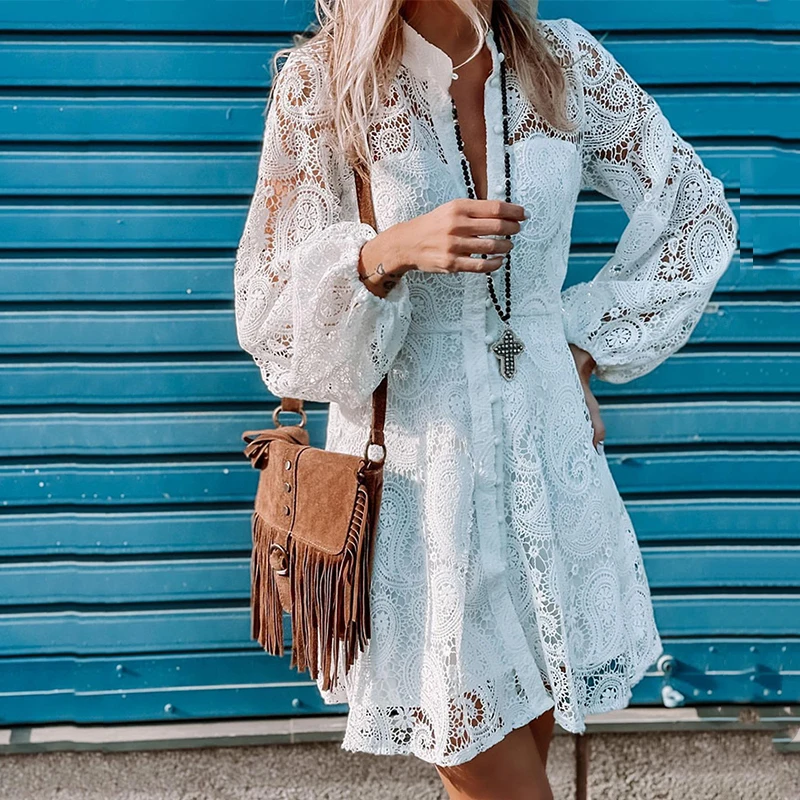 

Women Fashion Temperament Lace Patchwork Dress Vintage Autumn Long Sleeve Shirt Dress Casual Hollow Out Pattern White Mini Dress