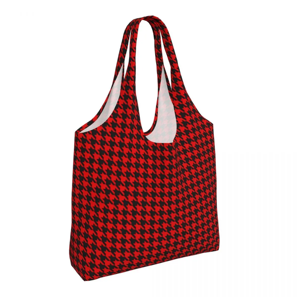 

Houndstooth Print Shopper Bag Red And Black Streetwear Handbags Lady Graphic Design Shopping Bags Casual Polyester Tote Bag