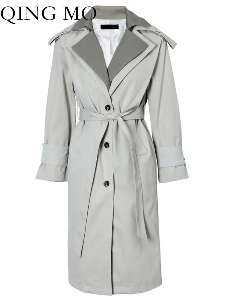 

QING MO 2023 Spring Autumn New Style Fake Two Piece Loose Versatile Medium And Long Women Trench ZXF402