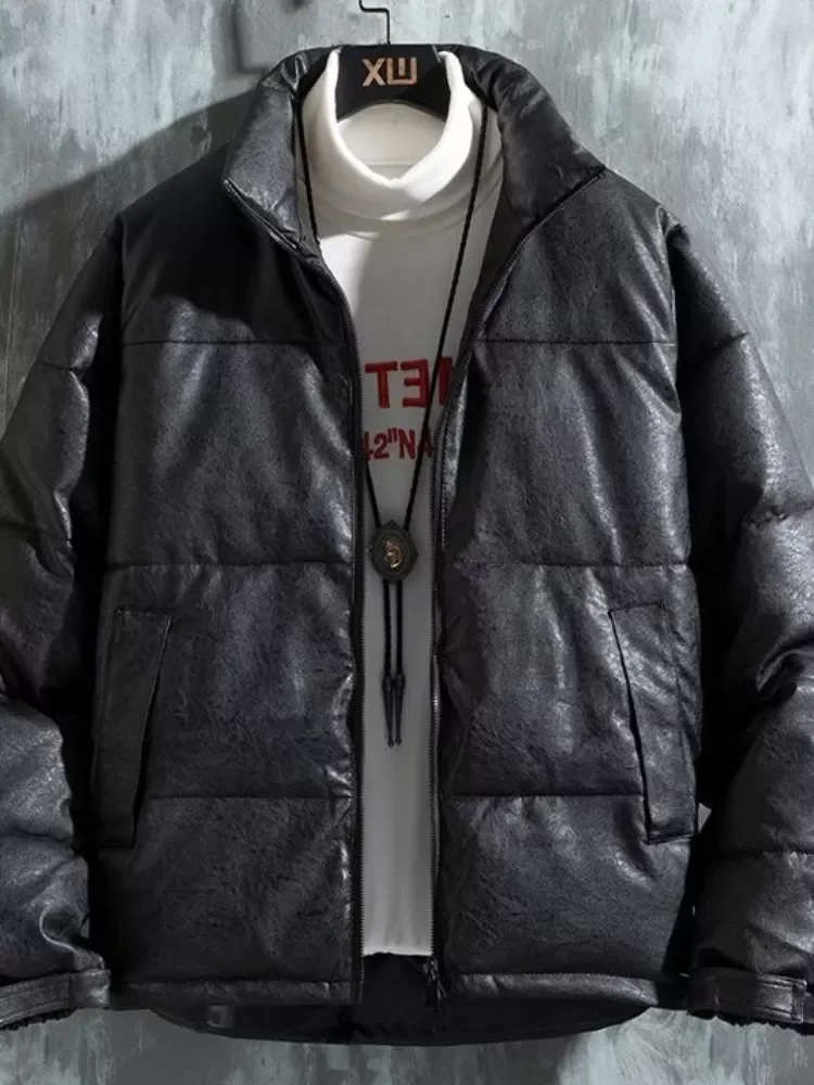 Stand Collar Men`s Pu Leather Cotton Padded Winter Bread Coat Loose Outwear Bright Cotton Parkas Clothes Fashion