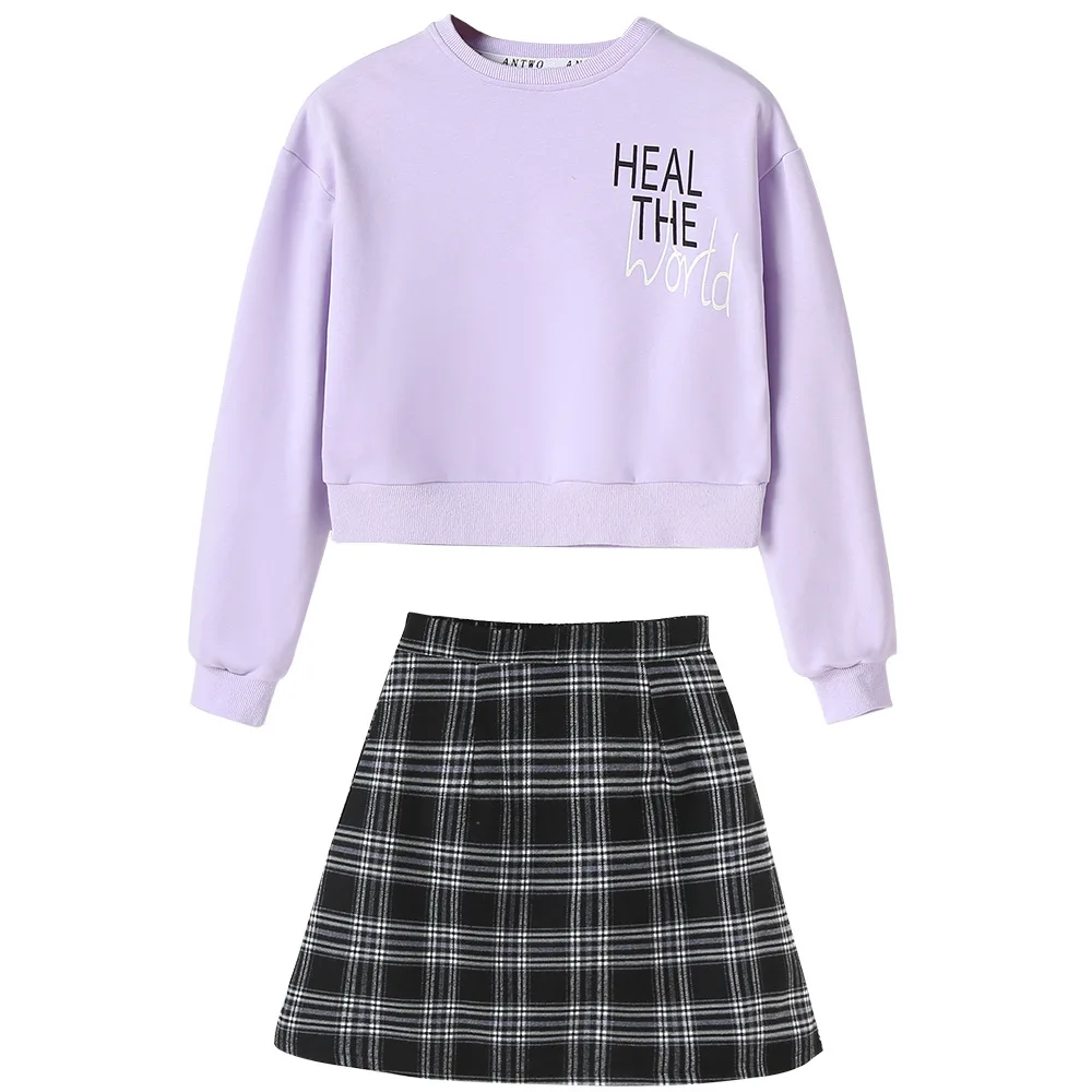 

2023 autumn Girls maidenly JK Child sweater shirt College t-Shirt + Tight mini Plaid Pleated Hip Skirts Kids Clothes 7 12 year
