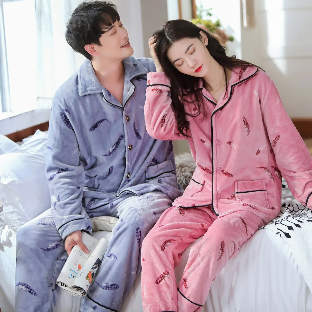 Autumn Winter Coral Velvet Couple Pajamas Set V-Neck Plus Size Home Service Suit Casual Women Flannel White Sleepwear Nightwear