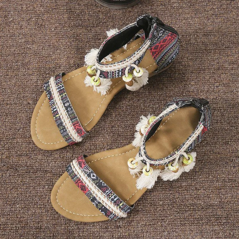 

Летние пляжные богемные женские сандалии обувь на танкетке с застежкой-молнией сзади и бахромой в этническом стиле
