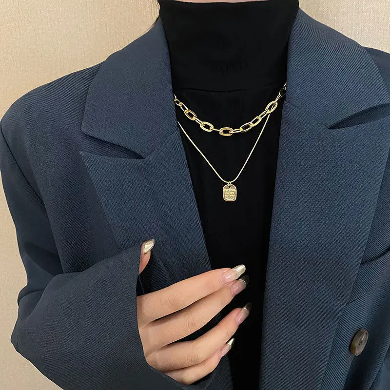

English tag sweater chain female 2022 new trendy light luxury niche temperament double layered necklace accessories
