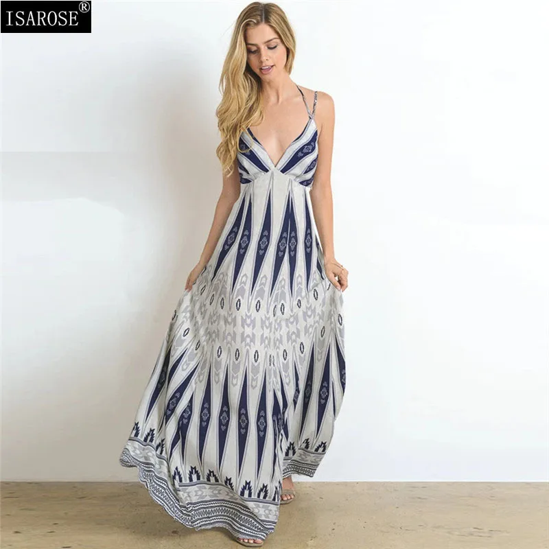 

ISAROSE Summer Bohemian Beach Dress Women Vintage Printed Spaghetti Straps V Neck Floor Length Lace Up Backless Casual Dresses