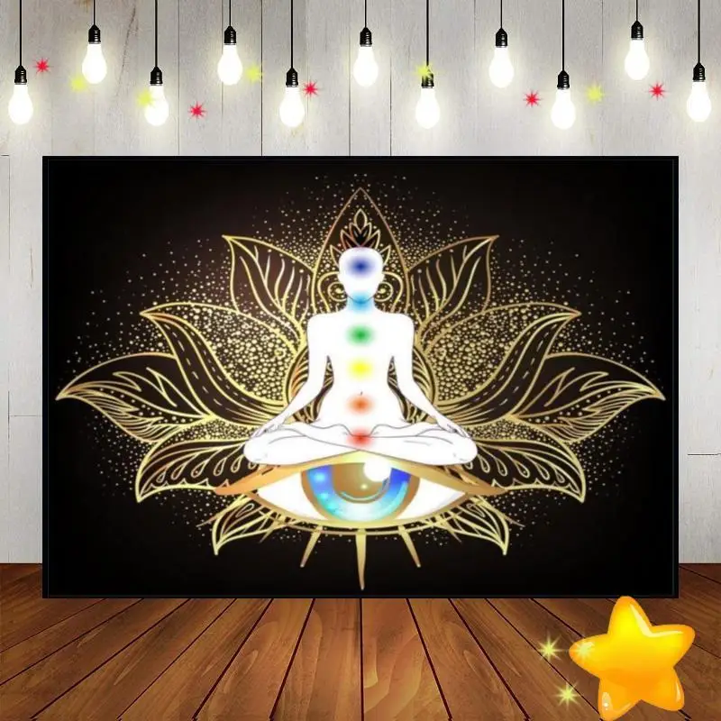 

Chakra Eyes Lotus Yoga Meditation Hanging Buddha Spiritual Bohemian Photo Background Party Custom Birthday Backdrop Decoration