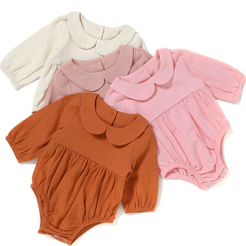 

Korean Style Newborn Baby Girls Jumpsuit Solid Color Long Sleeves Cotton Linen Baby Girls Clothes Spring Baby Girl Bodysuits