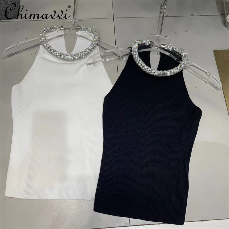 

2022 Summer New Korean Fashion Round Neck Diamond-Embedded Halter Knitted Camisole Slim Fit Elegance Sleeveless Short Sexy Top