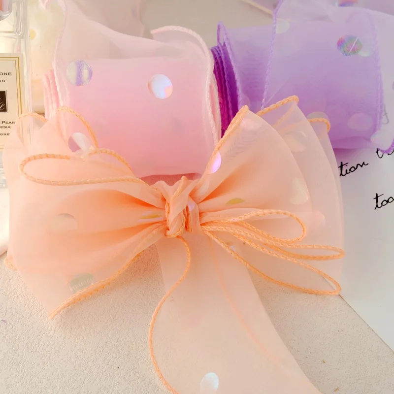 Атласная лента из органзы в серебряные точки волнистый рыбий хвост банты для