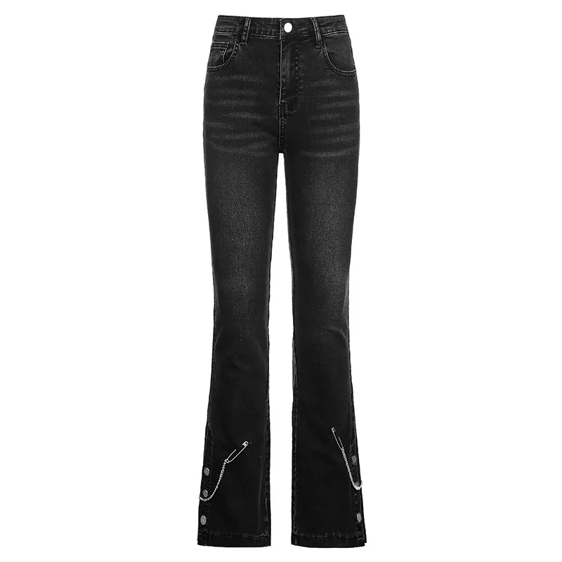 Metal Chain Streetwear Straight Leg Jeans Pants for Women Ladies Casual Black Loose Fit Denim Trousers Fashion Button Split