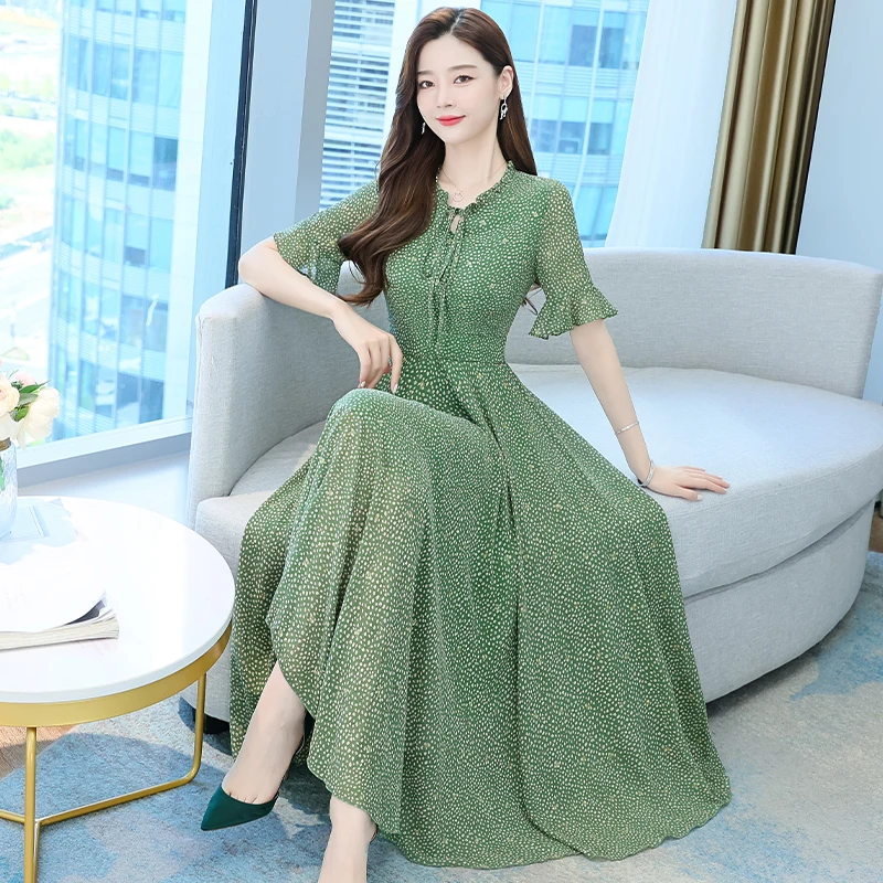 

2022 Summer Chiffon Boho Beach Long Dress Women Green Flower Print Short Sleeve Loose Maxi Dress Elegant Bodycon Party Vestidos