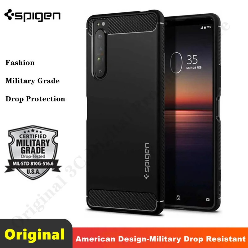 

Carbon Fiber Texture TPU Soft Cases For Sony Xperia 1 II Case Original Korean Spigen [Rugged Armor] Shockproof Slim Matte Cover