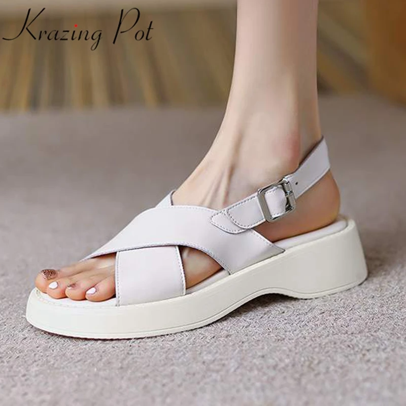 

Босоножки Krazing Pot женские из бычьей кожи, однотонные повседневные туфли с открытым носком, на плоской платформе, с ремешком с пряжкой, Винтаж...