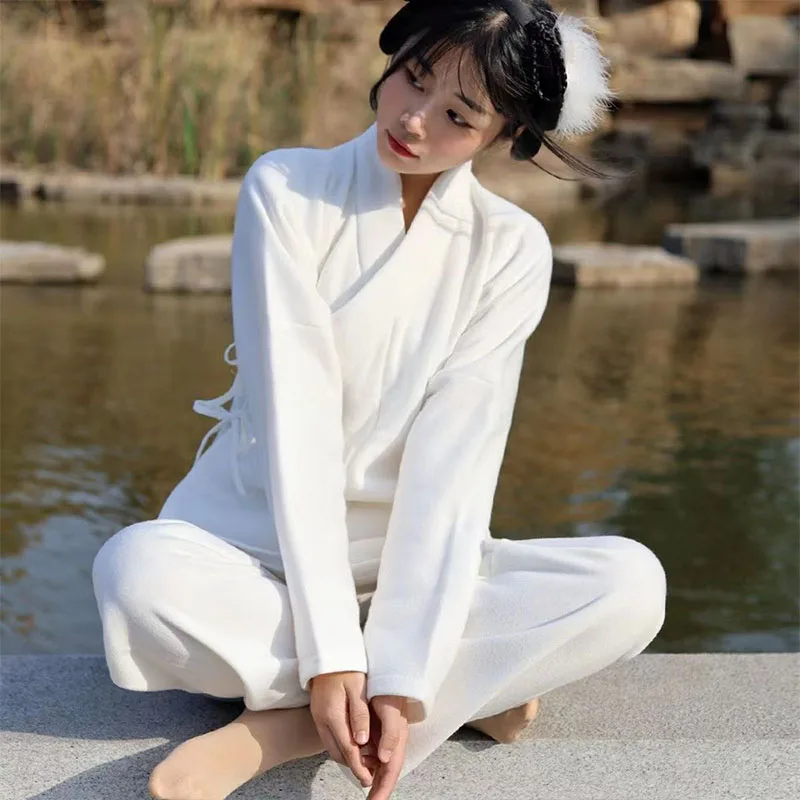 Фото Бархатные женские и мужские топы и брюки Hanfu для пар, одинаковые костюмы унисекс для взрослых, белая утолщенная внутренняя одежда, утепленная теплая одежда для сна №2