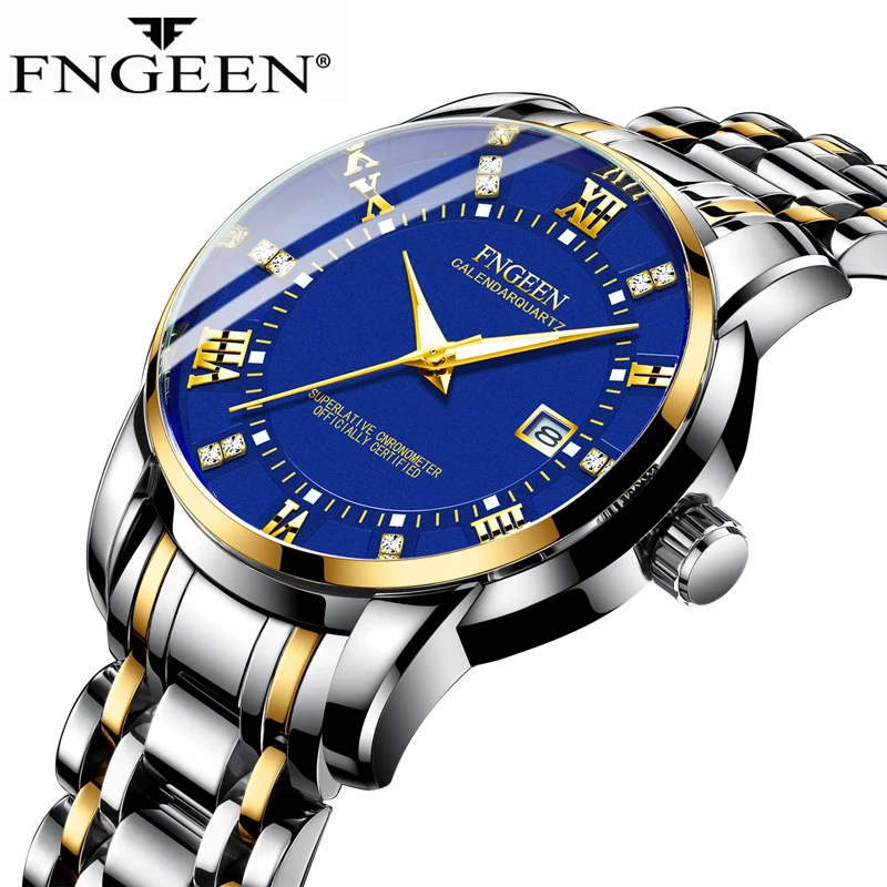 

FNGEEN Fashion Blue Quartz Watch Mens Watches Top Brand Luxury Stainless Steel Luminous Waterproof Sport Date Wristwatch Relogio