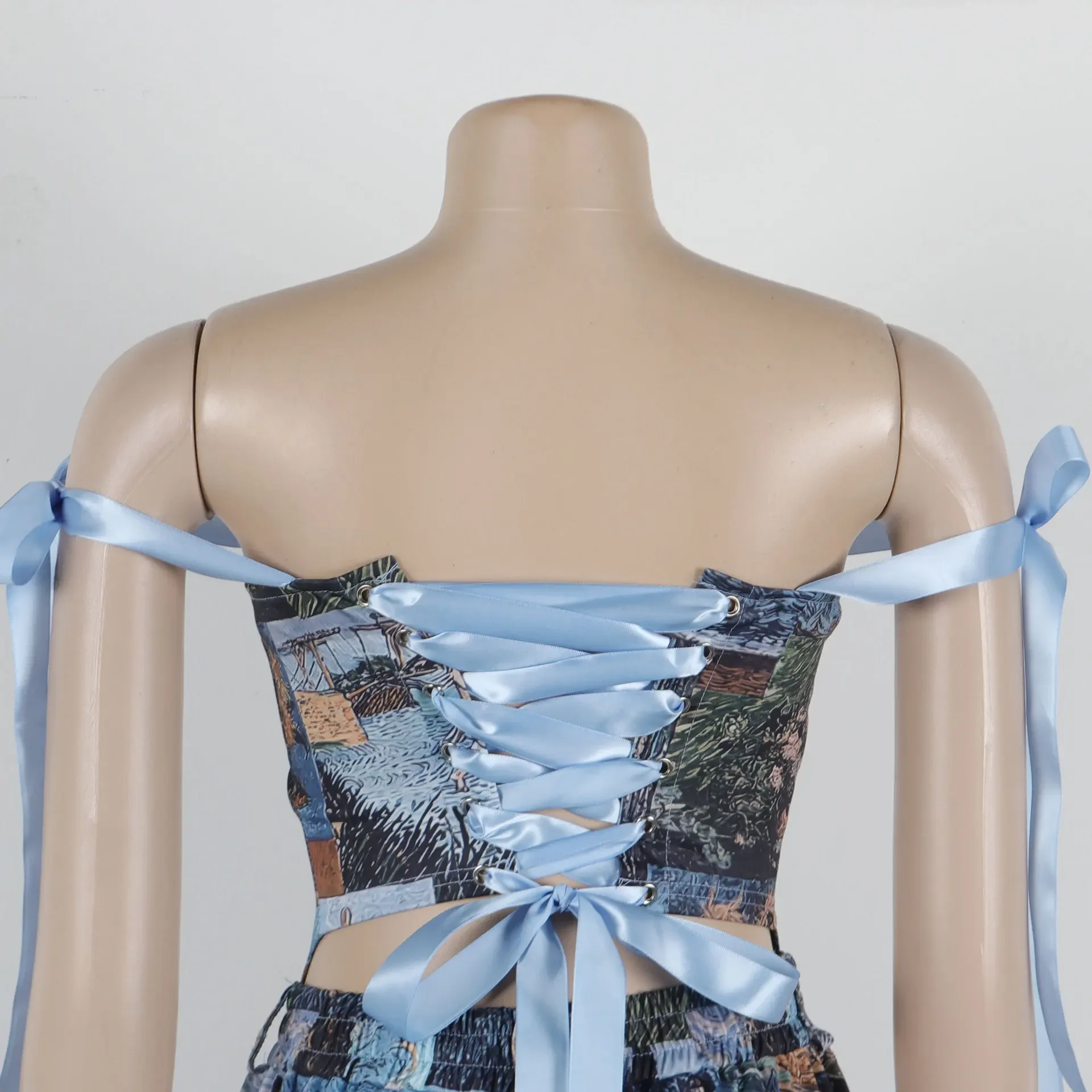 Женский комплект из укороченного топа и брюк с принтом масляной живописи