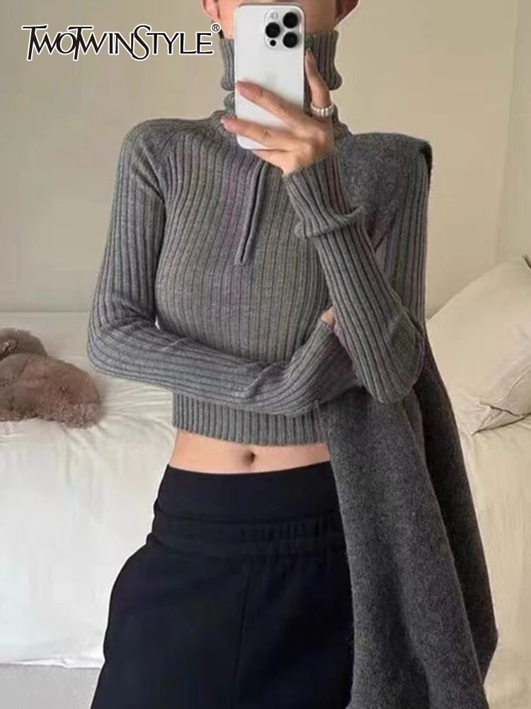 

TWOTWINSTYLE Solid Slimming Knitted Sweater For Women Lapel Long Sleeve Patchwork Zipper Pullover Sweaters Female Fashion New