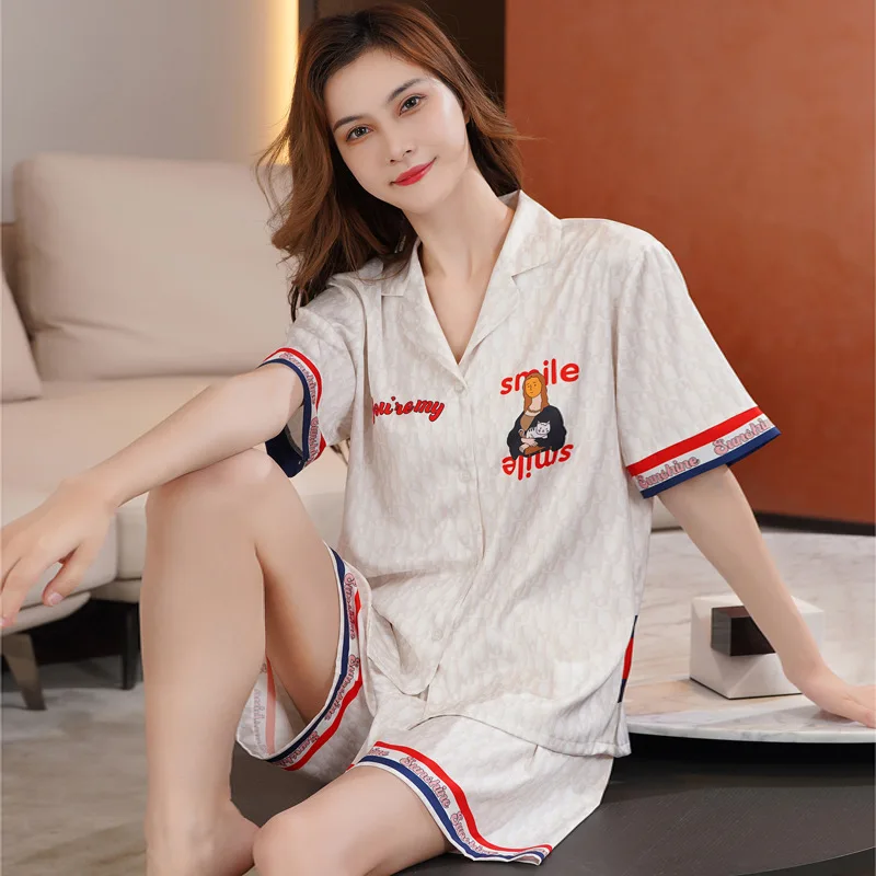 Ice Silk Pajamas Women's Summer Pajamas Suit Girly Style Imitation Silk Home Clothes Thin  Pajamas for Women Sleepwear Women