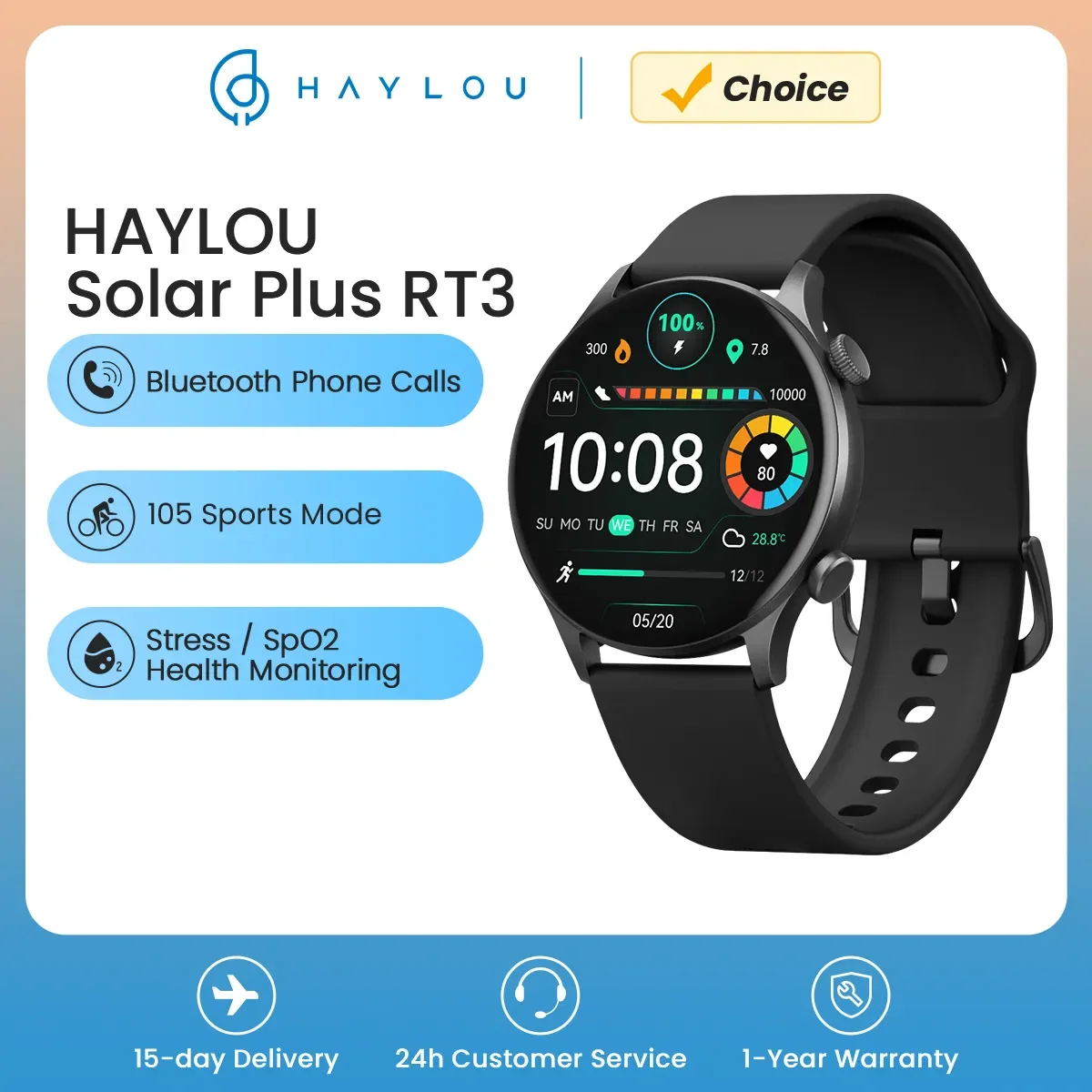 Solar Plus RT3 Smart Watch Bluetooth Phone Call 1.43"AMOLED Display Smartwatch Health Monitor IP68 Waterproof Sport Watch