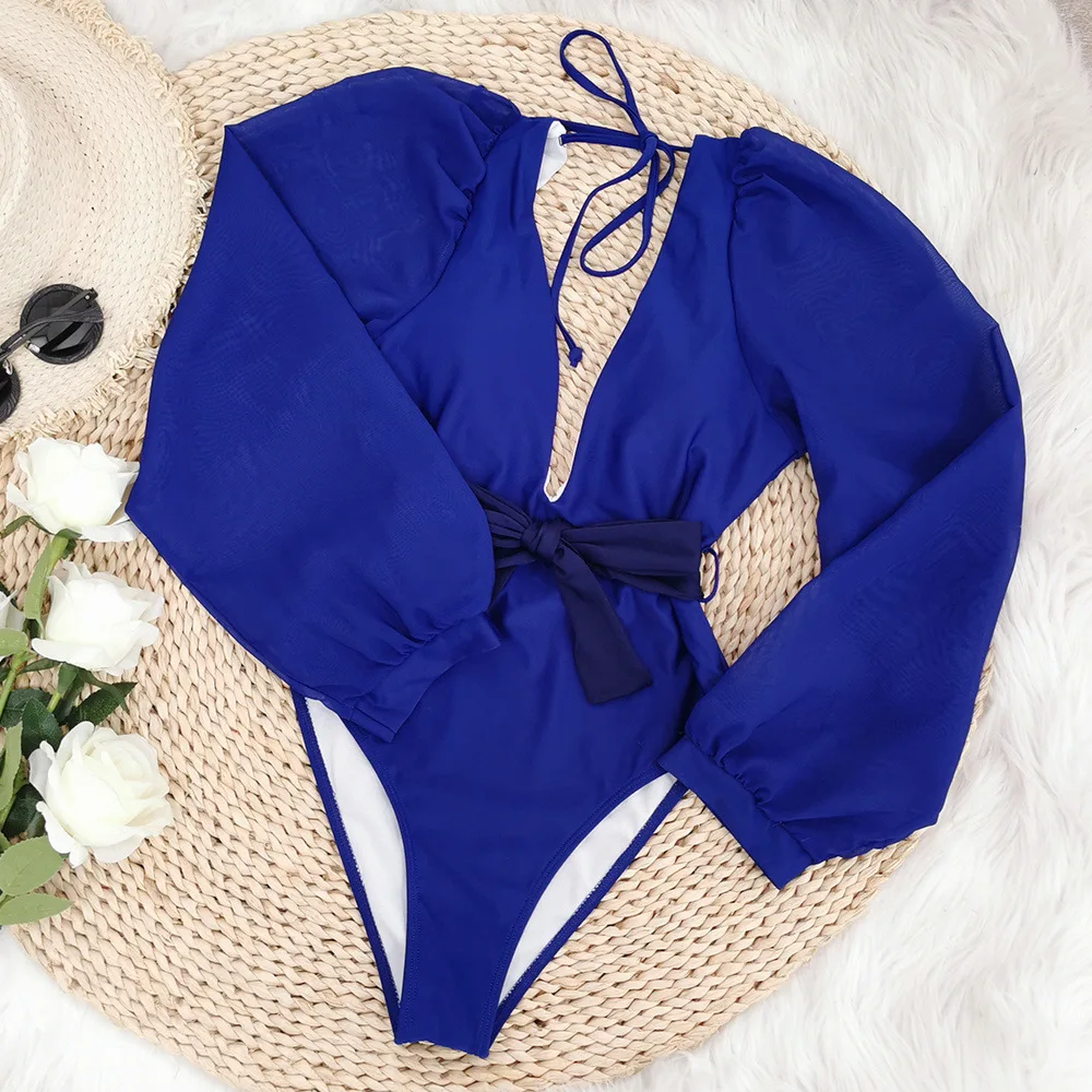 

2022 Women Swimsuit Deep V Neck Backless Sexy Swimwear Bandage High Waist One Piece Bathing Suits Swimming Beach Wear