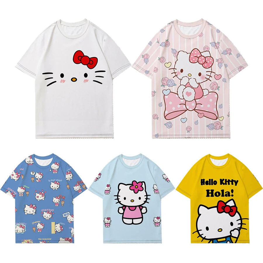 Kawaii Hello Kittys Cartoon T-Shirt Summer Breathable Women Blouse Sweet Girls Loose Short Sleeved Anime Kt Cat Home Casual Tees