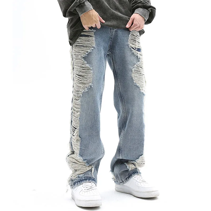 

High Street Ripped Distressed Washed Blue Hole Men's Jeans Pants Straight Retro Harajuku Pockets Baggy Casual Denim Trousers