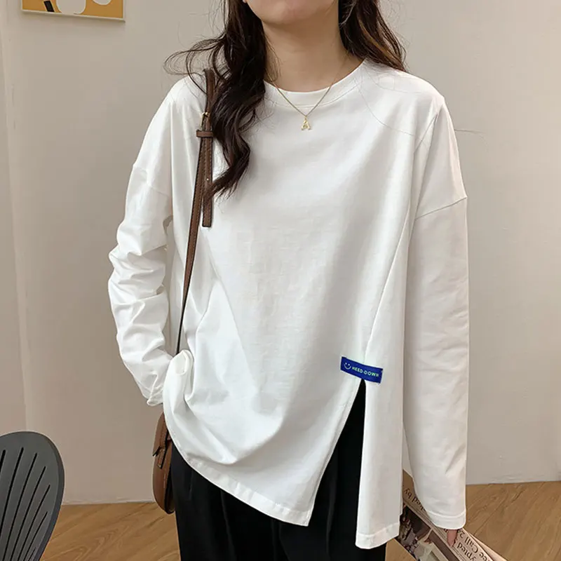 

Женский топ на весну и осень, свободная футболка с длинным рукавом и разрезом, женские пуловеры в стиле хип-поп, футболка, женская повседневн...