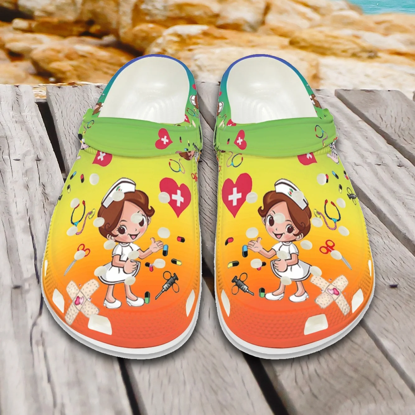 

Сандалии ELVISWORDS Нескользящие, удобные летние дышащие шлепанцы, плоская подошва, мультяшный рисунок, для медсестер, дизайнерские тапочки