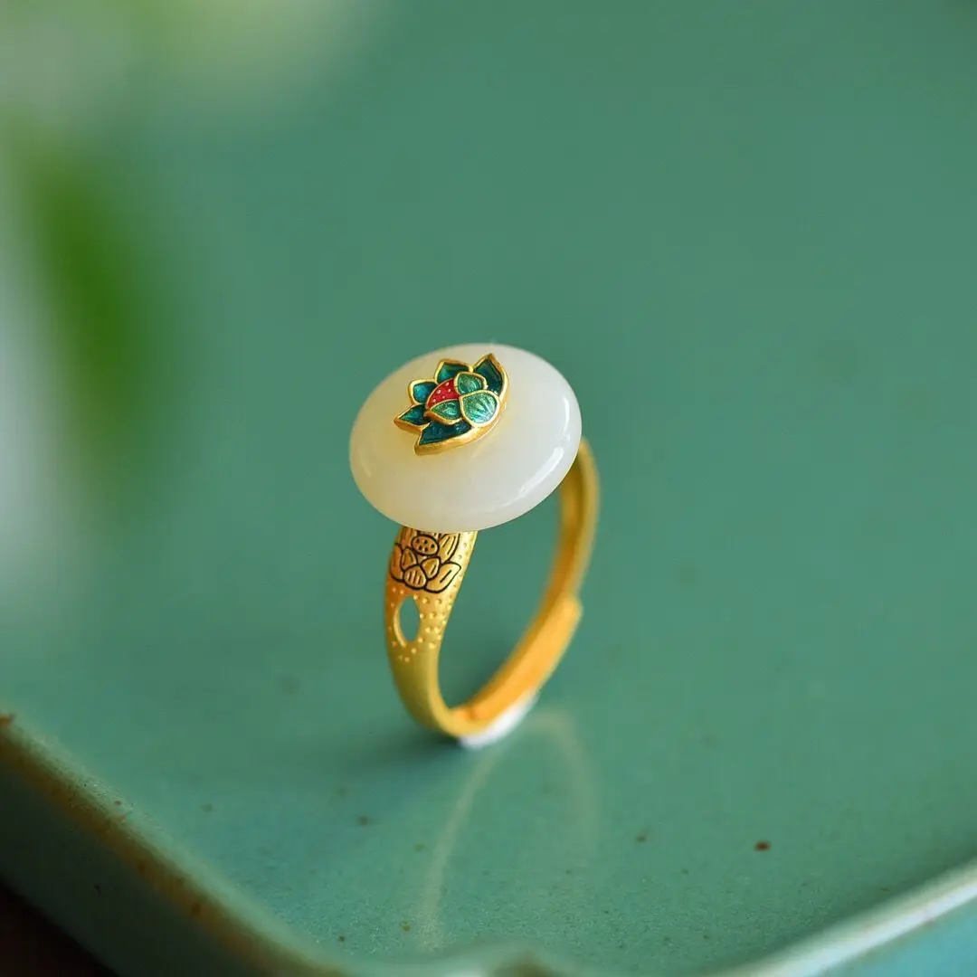 Кольцо из натурального белого нефрита Хэтянь с лотосом S925 стерлингового серебра в ретро-стиле дворца, безопасный подарок для матери.