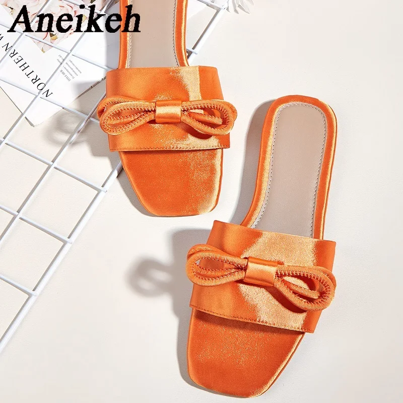 

Aneikeh 2024 Spring/Autumn Silk Flat Shoes Women Square Head Butterfly Knot Decorative Sandals Slippers Outdoor Casual 35-43
