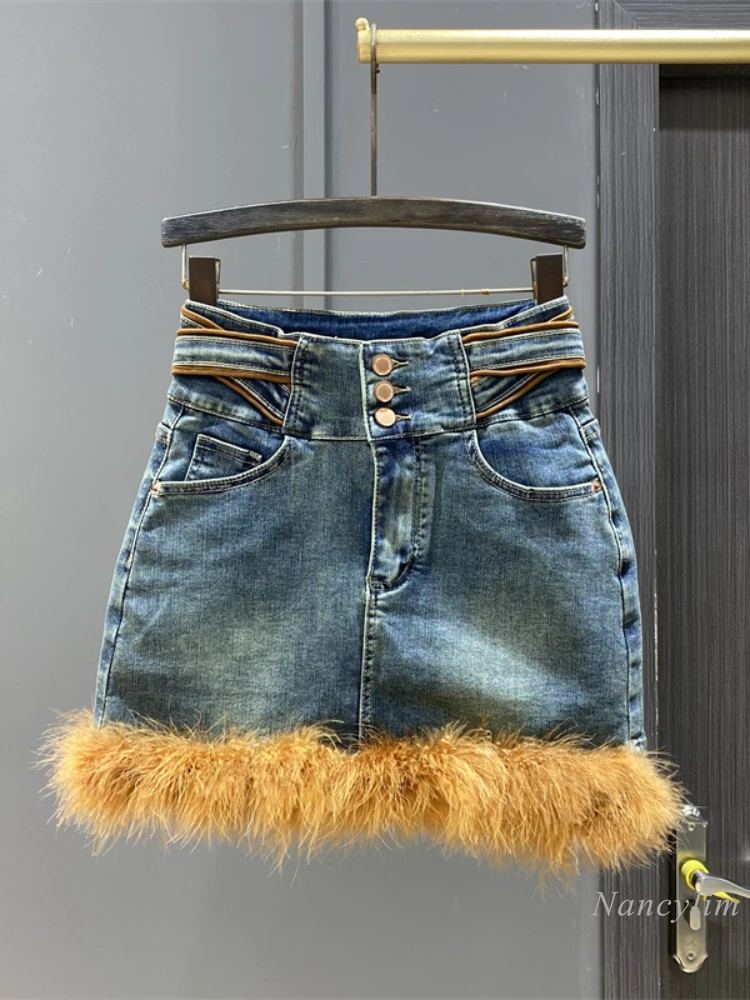 

Женская джинсовая юбка с перекрестной завышенной талией, новая пушистая эластичная юбка составного кроя на осень и зиму 2023, голубая