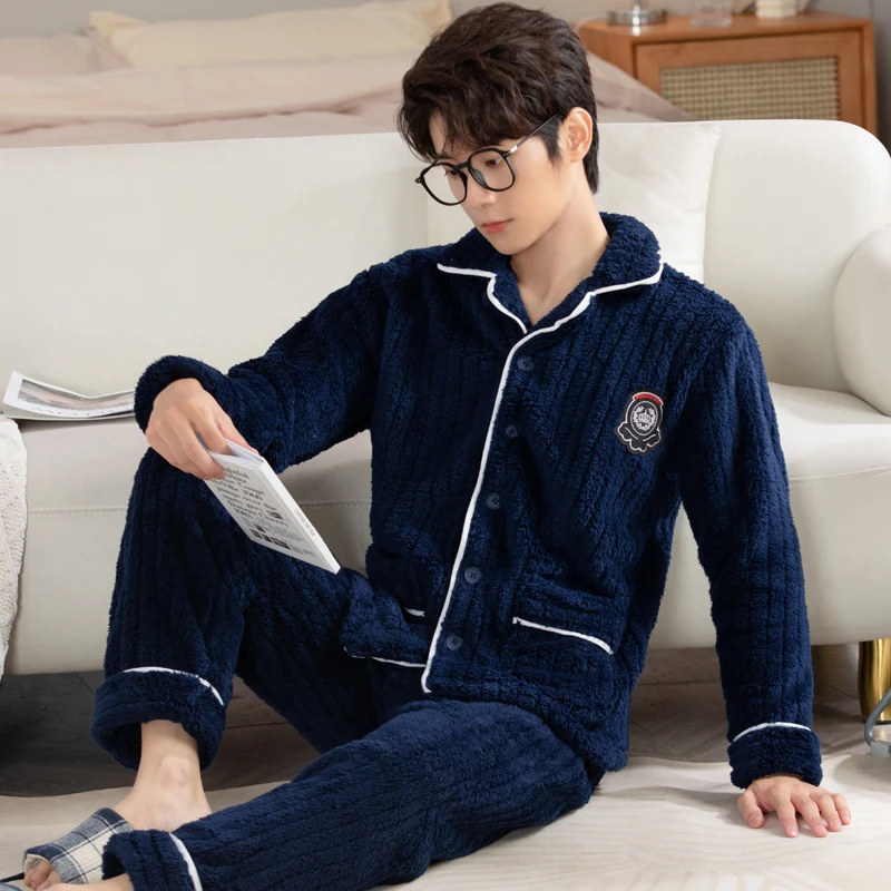 

QUHENG Winter Man Collar Pajamas Set Warm Flannel Home Clothes Coral Fleece Sleepwear Thick Warm Nightwear Large Size Pyjama